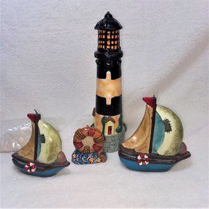 Nautical Wax Candle Sailboat Lighthouse 5 Pc Set